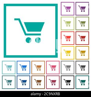 Empty shopping cart flat color icons with quadrant frames on white background Stock Vector