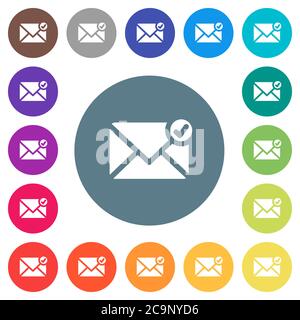 Mail sent flat white icons on round color backgrounds. 17 background color variations are included. Stock Vector