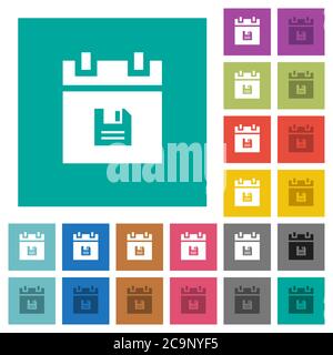 Save schedule data multi colored flat icons on plain square backgrounds. Included white and darker icon variations for hover or active effects. Stock Vector