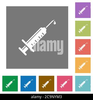 Syringe with drop flat icons on simple color square backgrounds Stock Vector