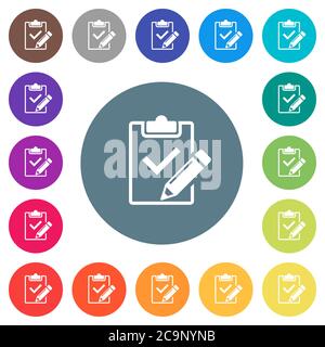 Fill out checklist flat white icons on round color backgrounds. 17 background color variations are included. Stock Vector