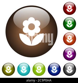 Flower white icons on round color glass buttons Stock Vector