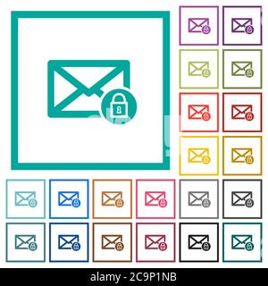 Lock mail flat color icons with quadrant frames on white background Stock Vector