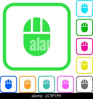 Three buttoned computer mouse vivid colored flat icons in curved borders on white background Stock Vector