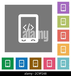Mobile scripting flat icons on simple color square backgrounds Stock Vector
