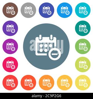 Remove event from calendar flat white icons on round color backgrounds. 17 background color variations are included. Stock Vector