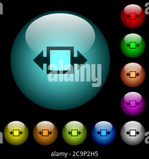 Width tool icons in color illuminated spherical glass buttons on black background. Can be used to black or dark templates Stock Vector