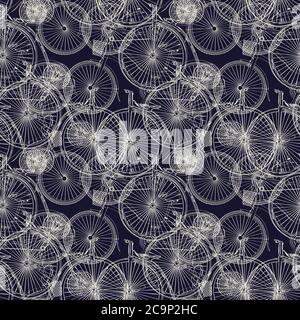 Seamless vector pattern with bicycle sketch silhouettes Stock Vector
