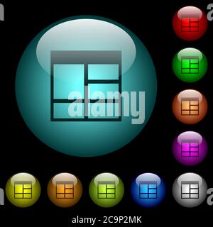 Spreadsheet vertically merge table cells icons in color illuminated spherical glass buttons on black background. Can be used to black or dark template Stock Vector