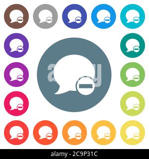Delete blog comment flat white icons on round color backgrounds. 17 background color variations are included. Stock Vector