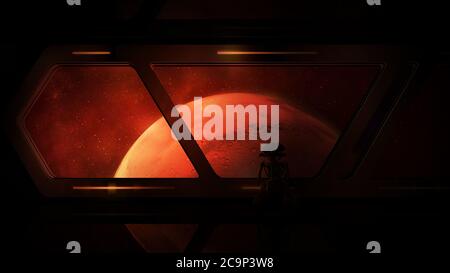 View of Mars from a spaceship with a droid on board. Stock Photo