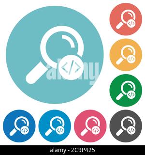 Search programming code flat white icons on round color backgrounds Stock Vector