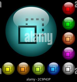 Send element to back icons in color illuminated spherical glass buttons on black background. Can be used to black or dark templates Stock Vector