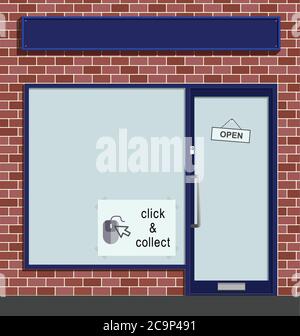 Click and collect online ordering service poster in retail shop window with blank sign for own text Stock Vector