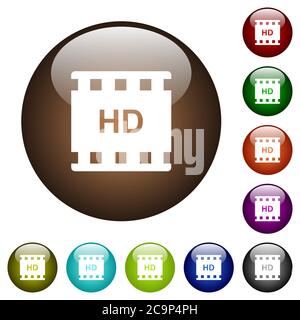 HD movie format white icons on round color glass buttons Stock Vector