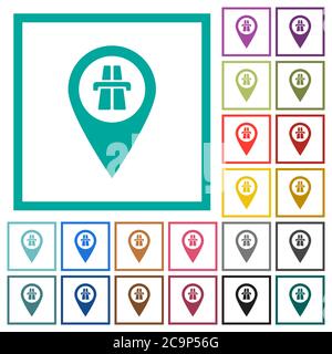 Highway GPS map location flat color icons with quadrant frames on white background Stock Vector