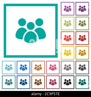 Team flat color icons with quadrant frames on white background Stock Vector