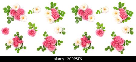 Pink rose flowers with green leaves decoration. Floral flat lay banner Stock Photo