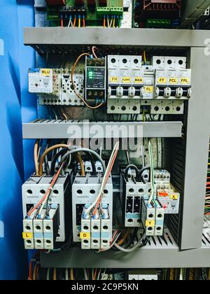 Budva, Montenegro - 01 august 2020: Electrical switches in the elevator control room. Stock Photo