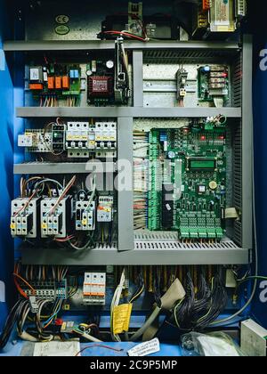 Budva, Montenegro - 01 august 2020: Elevator control board. Industrial microcircuit, printed motherboard with transistors and fuses and Stock Photo