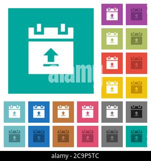 Upload schedule data multi colored flat icons on plain square backgrounds. Included white and darker icon variations for hover or active effects. Stock Vector