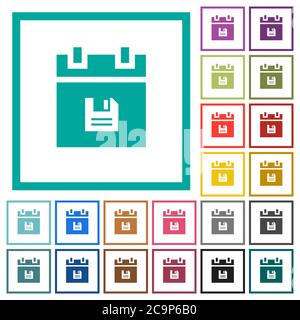 Save schedule data flat color icons with quadrant frames on white background Stock Vector