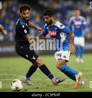 Naples, Campania, Italy. 1st August 2020; Stadio San Paolo, Naples, Campania, Italy; Serie A Football, Napoli versus Lazio; Lorenzo Insigne of Napoli cuts past his defender Credit: Action Plus Sports Images/Alamy Live News Stock Photo