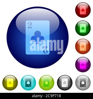 Two of clubs card icons on round color glass buttons Stock Vector