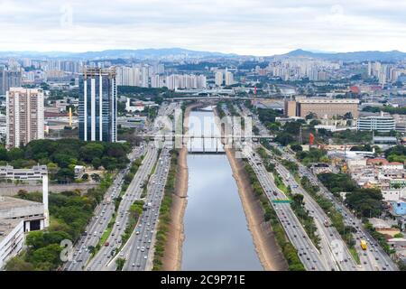Marginal Tiete motorway road and Tietê River aerial view in Sao Paulo, Brazil. Multiple lanes highway. Stock Photo