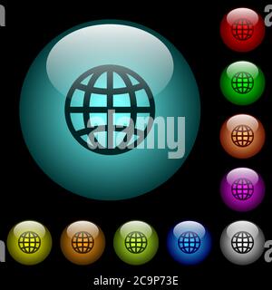 Globe icons in color illuminated spherical glass buttons on black background. Can be used to black or dark templates Stock Vector