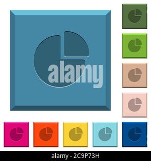 Pie chart engraved icons on edged square buttons in various trendy colors Stock Vector