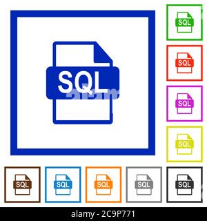 SQL file format flat color icons in square frames on white background Stock Vector