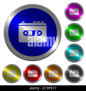 Vintage retro walkman icons on round luminous coin-like color steel buttons Stock Vector