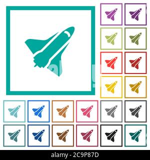 Space shuttle flat color icons with quadrant frames on white background Stock Vector