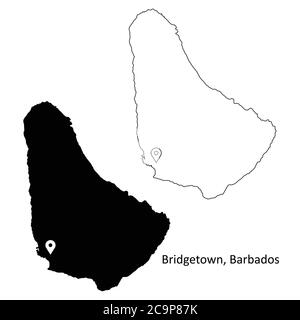 Bridgetown Barbados. Detailed Country Map with Location Pin on Capital City. Black silhouette and outline maps isolated on white background. EPS Vecto Stock Vector