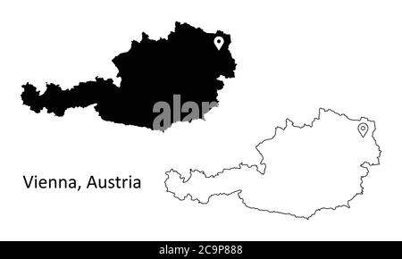 Vienna Austria. Detailed Country Map with Capital City Location Pin. Black silhouette and outline maps isolated on white background. EPS Vector Stock Vector