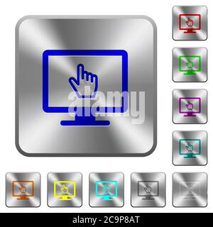 Monitor with pointing cursor engraved icons on rounded square glossy steel buttons Stock Vector