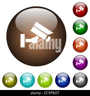 Security camera white icons on round color glass buttons Stock Vector