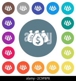 Money bags flat white icons on round color backgrounds. 17 background color variations are included. Stock Vector