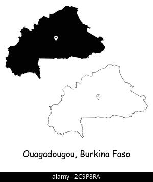 Ouagadougou Burkina Faso. Detailed Country Map with Location Pin on Capital City. Black silhouette and outline maps isolated on white background. EPS Stock Vector