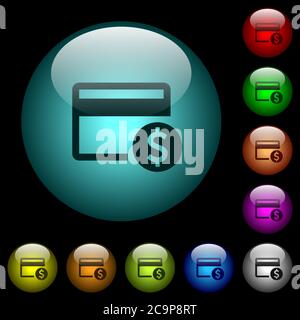 Dollar credit card icons in color illuminated spherical glass buttons on black background. Can be used to black or dark templates Stock Vector