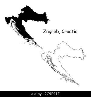 Zagreb Croatia. Detailed Country Map with Location Pin on Capital City. Black silhouette and outline maps isolated on white background. EPS Vector Stock Vector