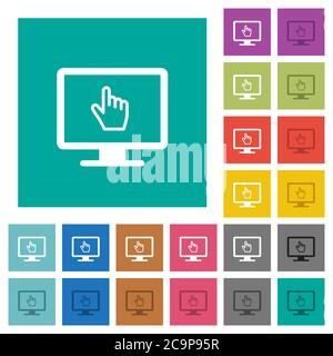 Monitor with pointing cursor multi colored flat icons on plain square backgrounds. Included white and darker icon variations for hover or active effec Stock Vector