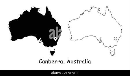 Canberra Australia. Detailed Country Map with Capital City Location Pin. Black silhouette and outline maps isolated on white background. EPS Vector Stock Vector