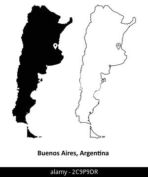 Buenos Aires Argentina. Detailed Country Map with Capital City Location Pin. Black silhouette and outline maps isolated on white background EPS Vector Stock Vector