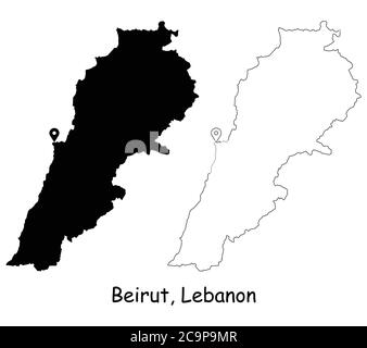 Beirut Lebanon. Detailed Country Map with Location Pin on Capital City. Black silhouette and outline maps isolated on white background. EPS Vector Stock Vector