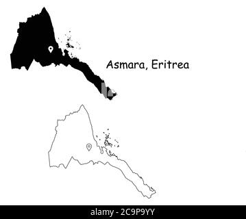 Asmara Eritrea. Detailed Country Map with Location Pin on Capital City. Black silhouette and outline maps isolated on white background. EPS Vector Stock Vector