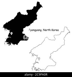 Pyongyang North Korea. Detailed Country Map with Location Pin on Capital City. Black silhouette and outline maps isolated on white background. EPS Vec Stock Vector