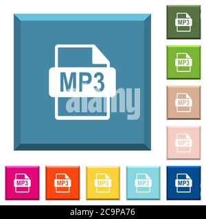MP3 file format white icons on edged square buttons in various trendy colors Stock Vector
