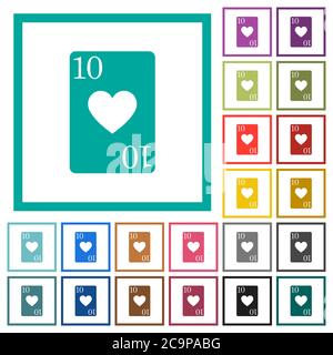 Ten of hearts card flat color icons with quadrant frames on white background Stock Vector